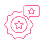 Icono de calidad con una estrella dentro de un engranaje y un bocadillo que también contiene una estrella, representando la retroalimentación positiva y la mejora continua en procesos.